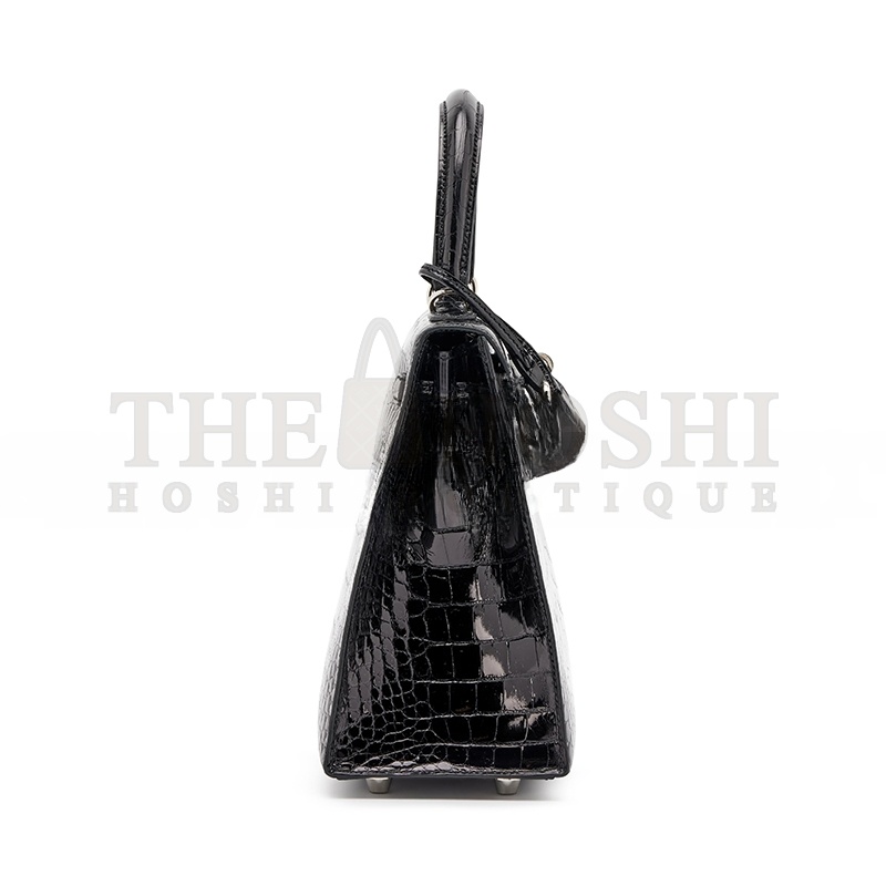 H**me5 MASTER BLACK SHINY ALLIGATOR KELLY 25 SELLIER PALLADIUM HARDWARE (25*17*7cm) Master Quality